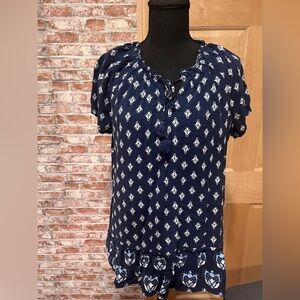 Chic Patterned Paisley Navy & White Flowy Tassel Tie Short Sleeve Blouse Boho XL
